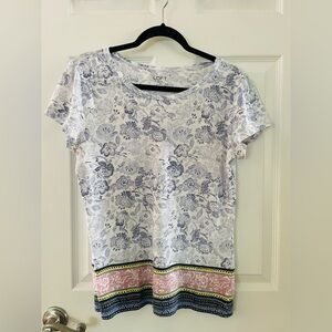 LOFT White Tee with Blue Floral Print and Pink Border